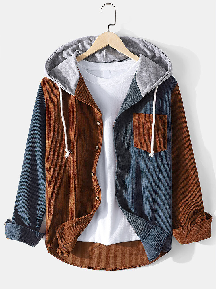 
	Mens Corduroy Colorblock Stitching Drawstring Hooded Shirt With Pocket