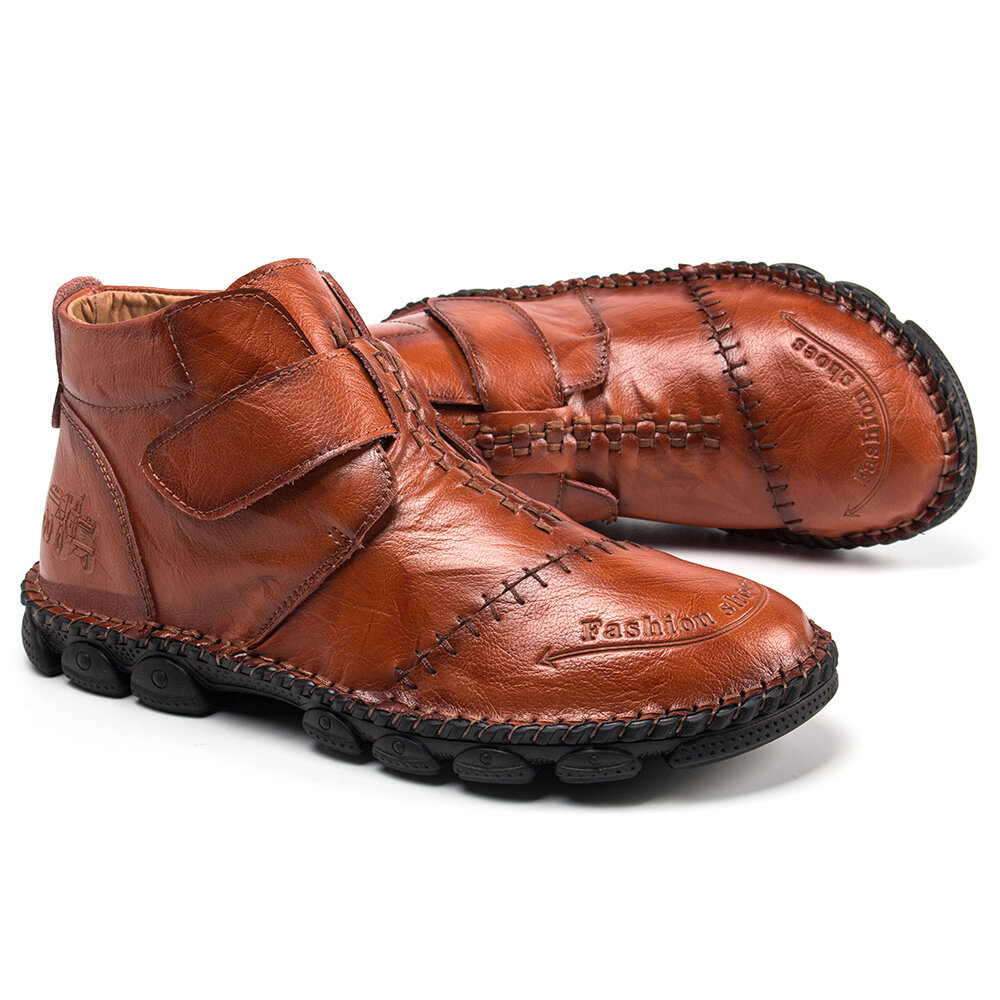 
	Men Hand Stitching Comfort Soft Hook Loop Leather Ankle Boots