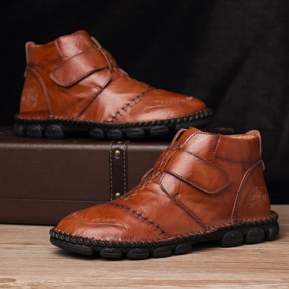 
	Men Hand Stitching Comfort Soft Hook Loop Leather Ankle Boots