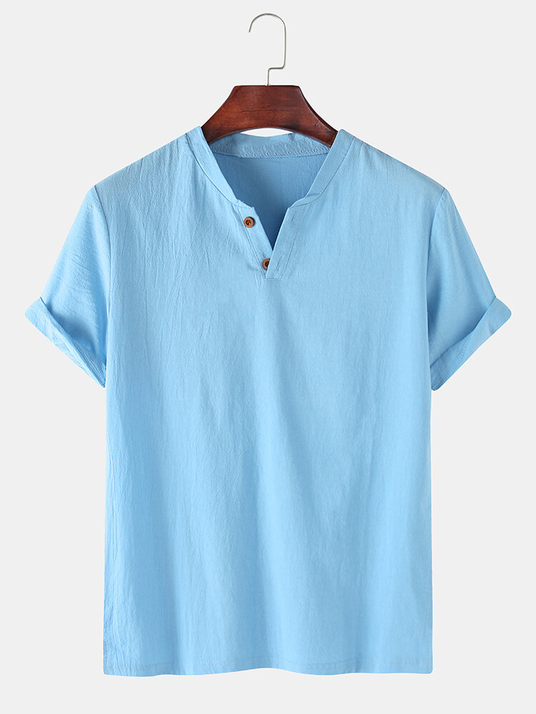 
	Men 100% Cotton Solid Color V-neck Casual T-Shirt
