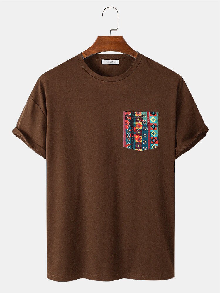 
	Mens Colorful Geo Print Patched Pocket Loose Short Sleeve T-Shirts