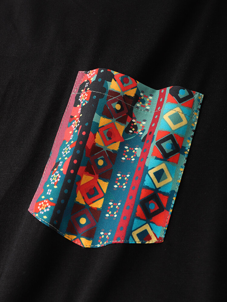 
	Mens Colorful Geo Print Patched Pocket Loose Short Sleeve T-Shirts