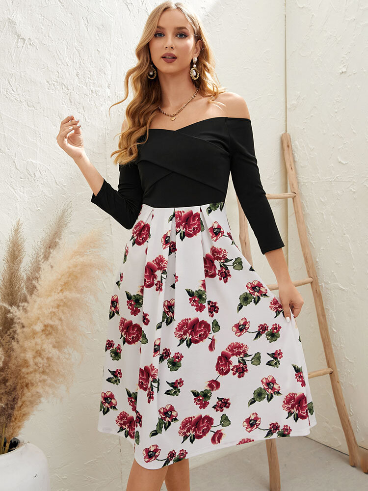 
	Flower Print Stitch Off The Shoulder 3/4 Sleeve Dress