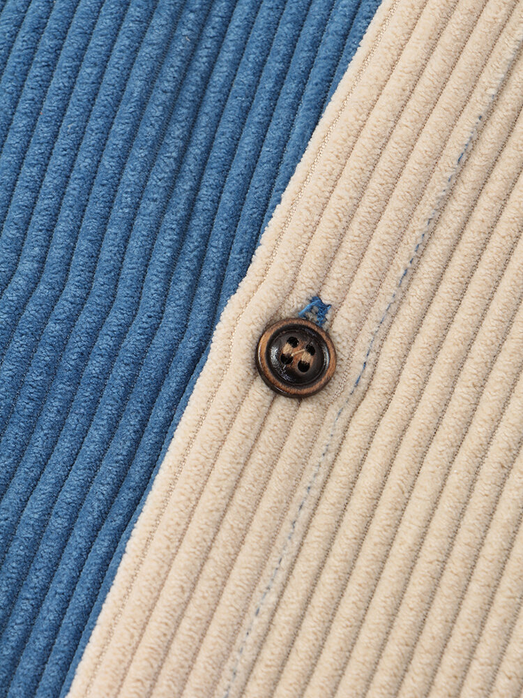 
	Mens Two Tone Corduroy Splice Stand Collar Short Sleeve Shirts