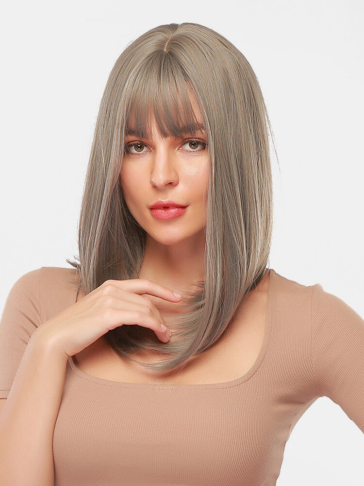 
	18 Inch Gray Mixed Color Medium-Length Straight Hair Soft Natural Full Head Cover Wig