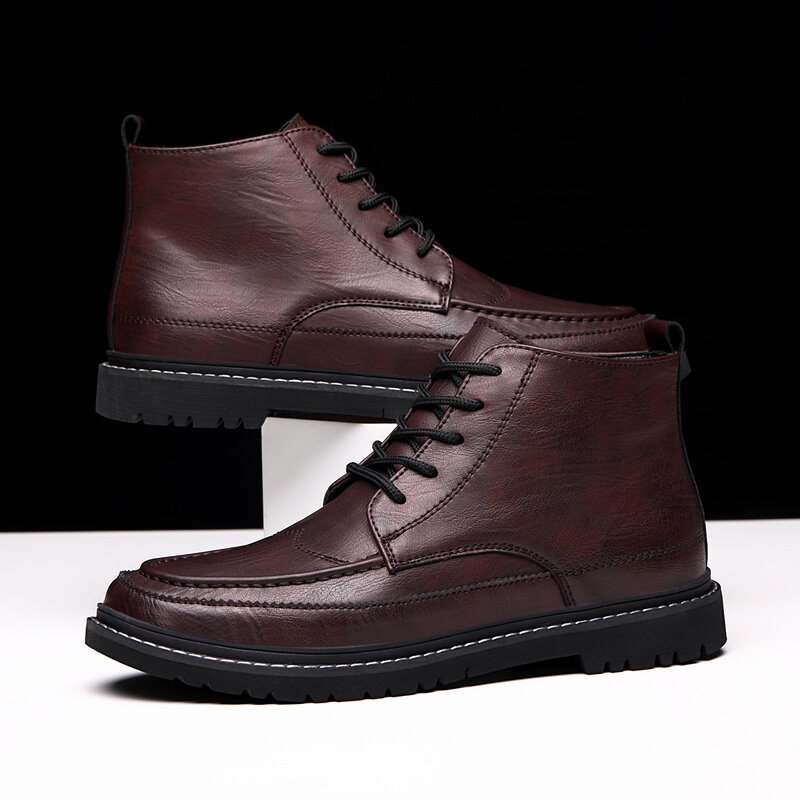 
	Men British Style Round Toe Lace Up Leather Ankle Boots