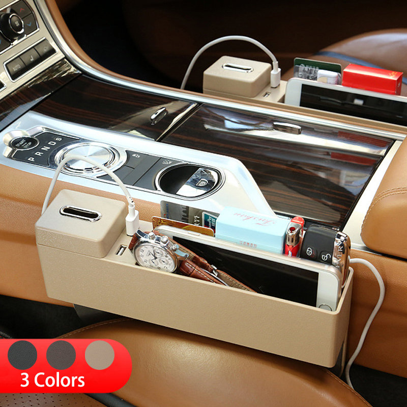 
	2-USB Charger Car Catcher Seat Gap Storage Organiser Box Pocket Coin Box