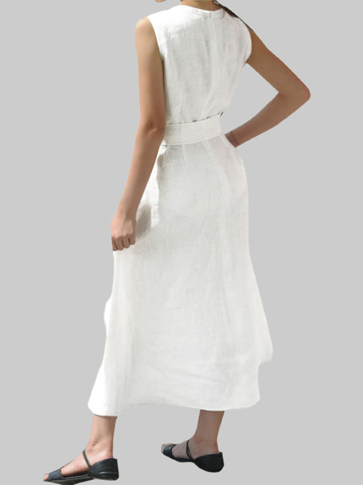 
	Lace Patch Round V-neck Sleeveles Cotton Dress With Belt