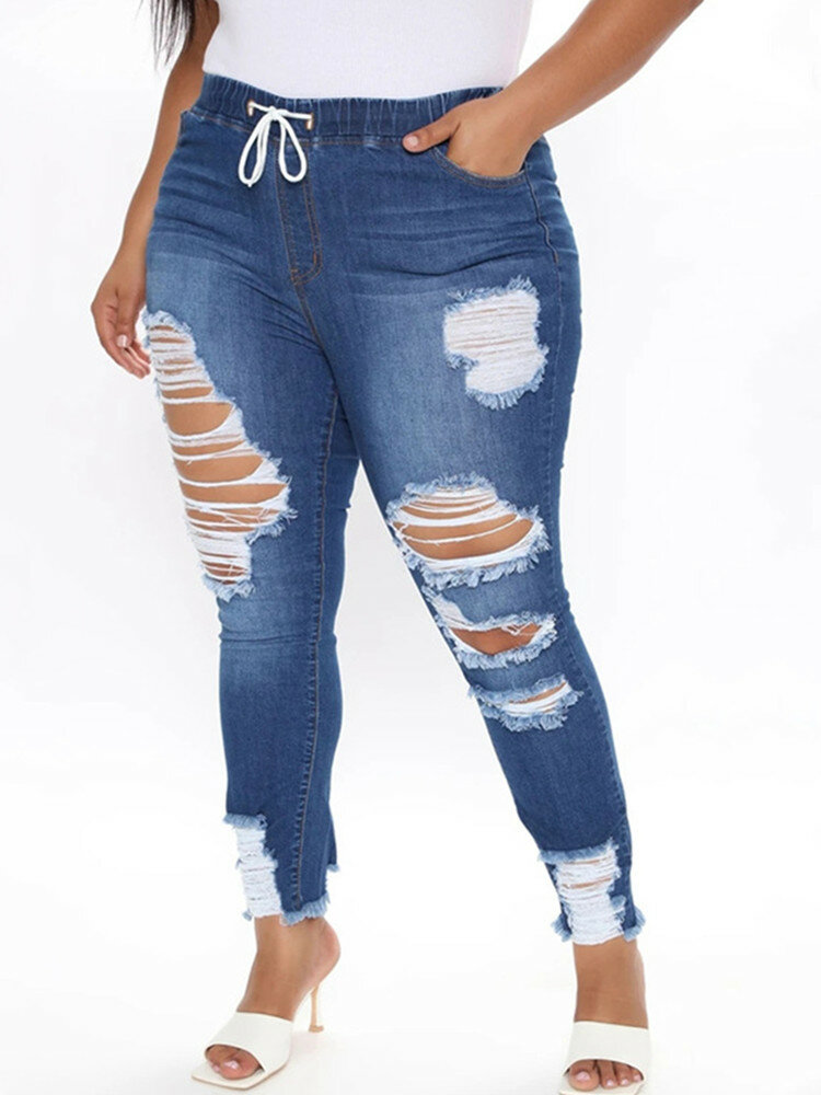 
	Fashion Elastci Waist Ripped Plus Size Denim Pants with Pocket