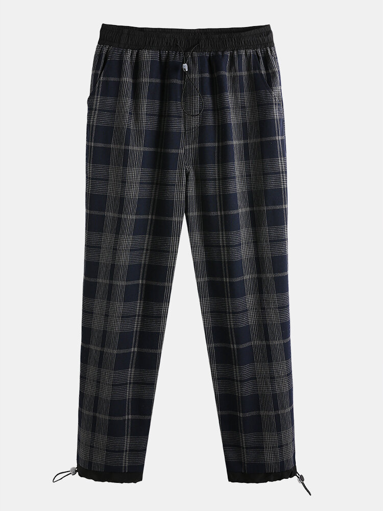 
	Mens 100% Cotton Tartan Plaid Multi-Pocket Loose Elastic Waist Cargo Pants
