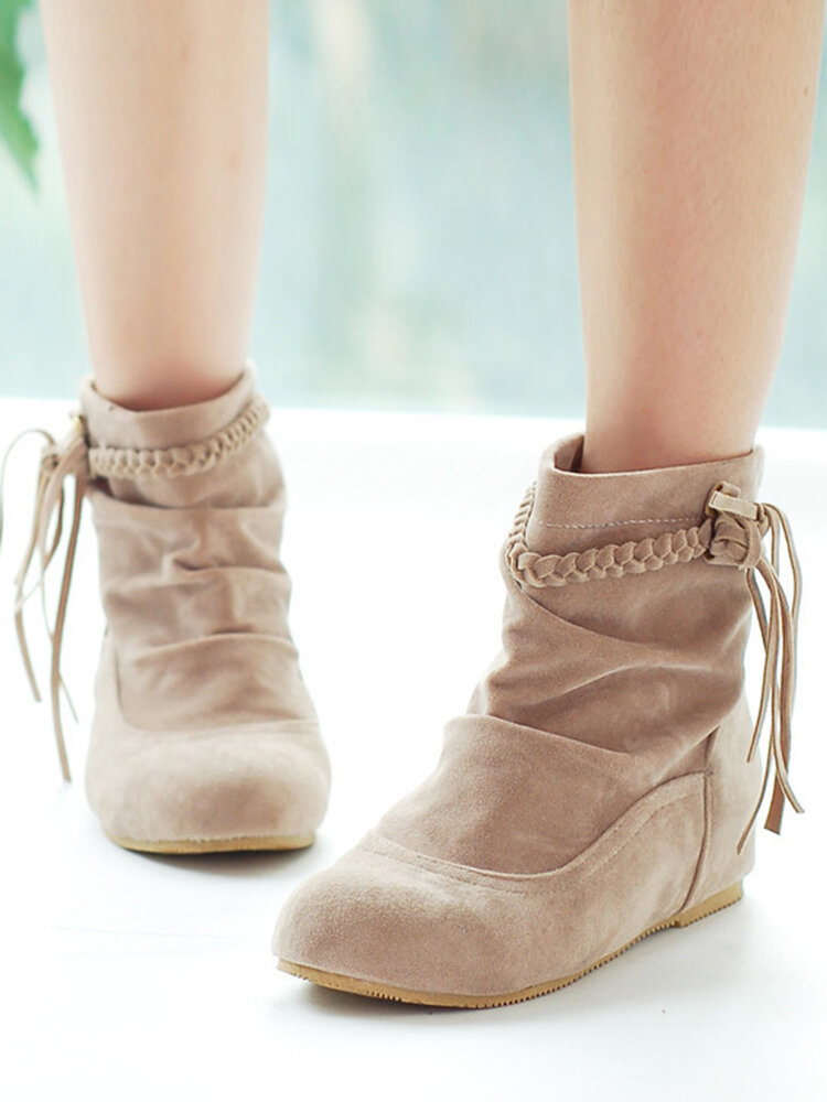 
	Large Size Women Casual Woven Tassel Design Slip-on Internal Increase Short Boots