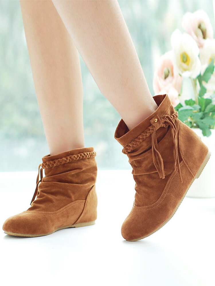 
	Large Size Women Casual Woven Tassel Design Slip-on Internal Increase Short Boots