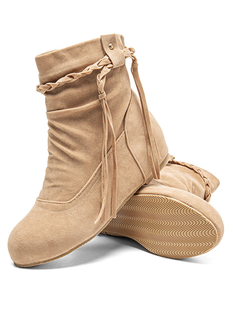 
	Large Size Women Casual Woven Tassel Design Slip-on Internal Increase Short Boots