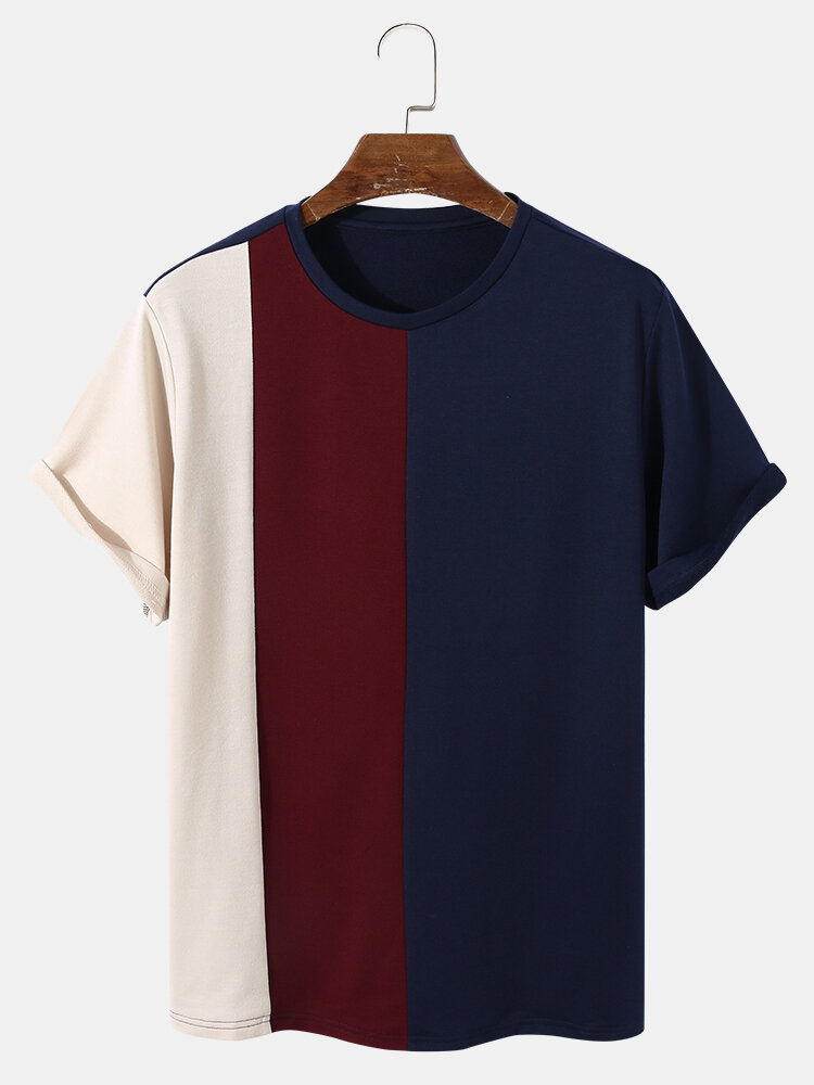 
	Mens Tricolor Patchwork Crew Neck Short Sleeve Preppy T-Shirt