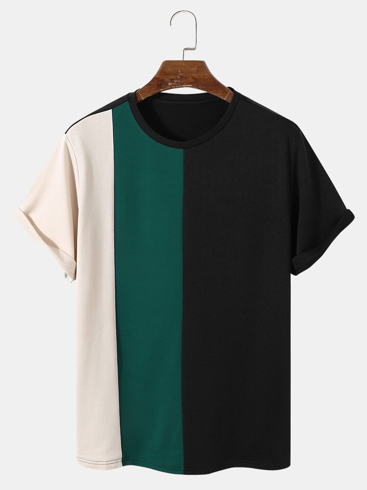 
	Mens Tricolor Patchwork Crew Neck Short Sleeve Preppy T-Shirt