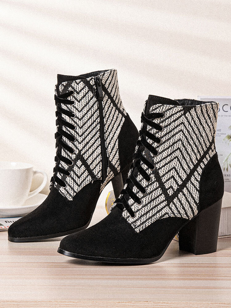 
	Large Size Women Casual Black & White Chevron Pattern Comfy Side-zip Heeled Boots