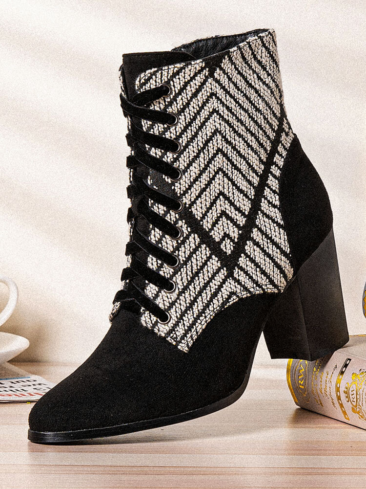 
	Large Size Women Casual Black & White Chevron Pattern Comfy Side-zip Heeled Boots