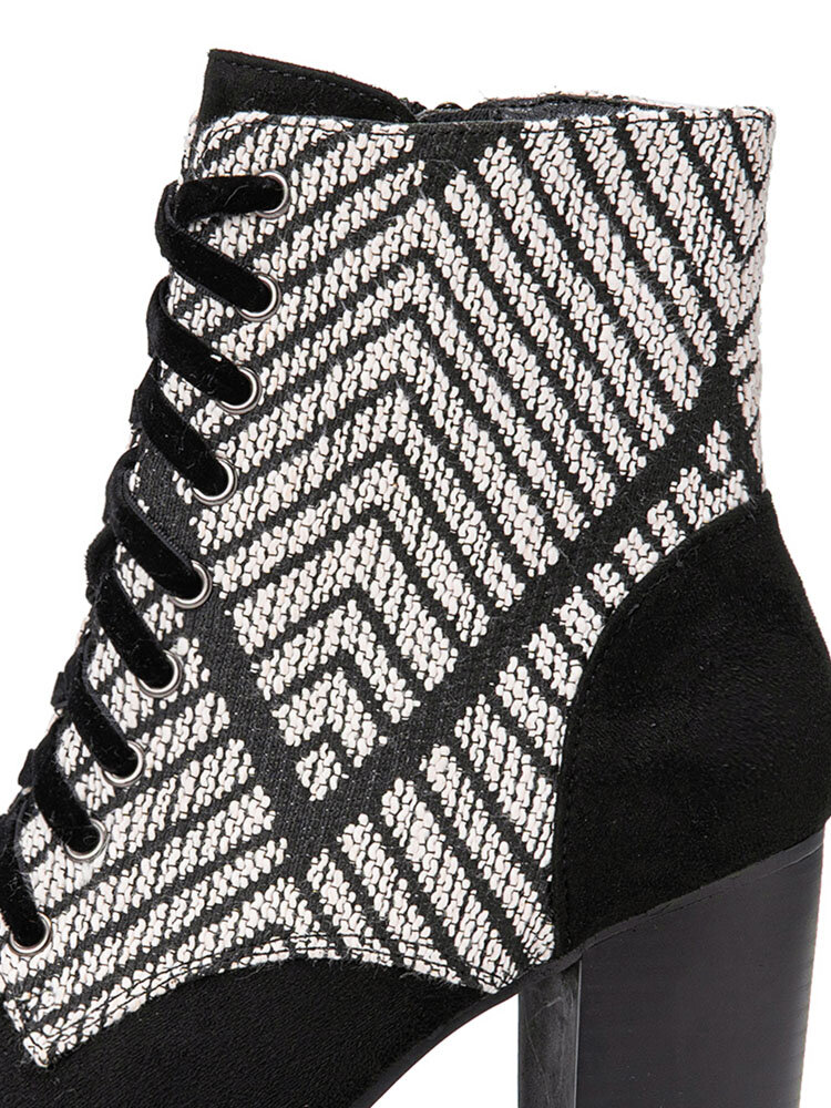 
	Large Size Women Casual Black & White Chevron Pattern Comfy Side-zip Heeled Boots