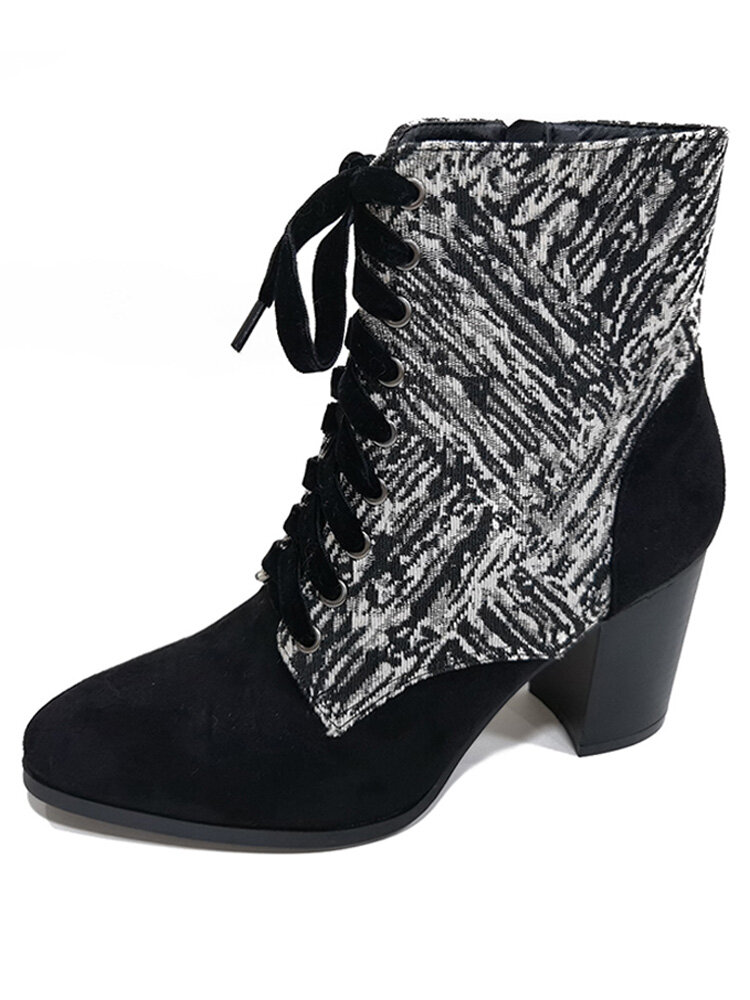 
	Large Size Women Casual Black & White Chevron Pattern Comfy Side-zip Heeled Boots