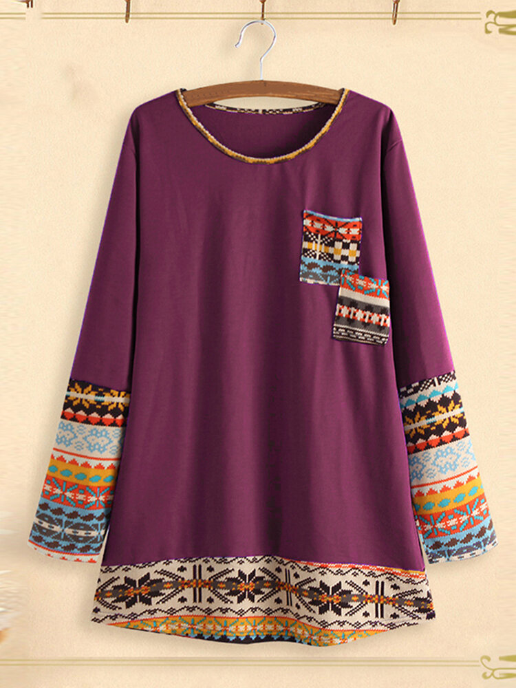 
	Patchwork Crewneck Long Sleeve Casual Plus Size Blouse