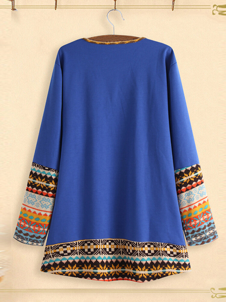 
	Patchwork Crewneck Long Sleeve Casual Plus Size Blouse