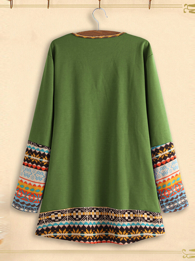 
	Patchwork Crewneck Long Sleeve Casual Plus Size Blouse