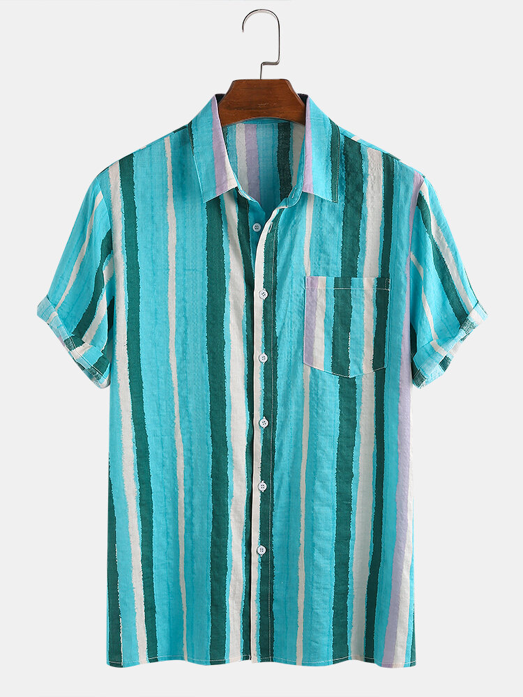 
	Mens Cotton Breathable Colorful Striped Short Sleeve Shirts