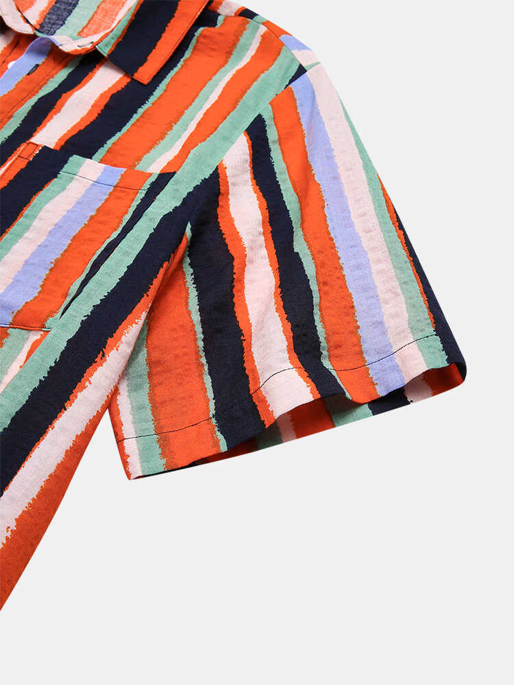 
	Mens Cotton Breathable Colorful Striped Short Sleeve Shirts