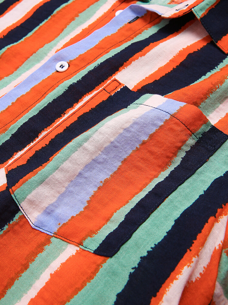 
	Mens Cotton Breathable Colorful Striped Short Sleeve Shirts