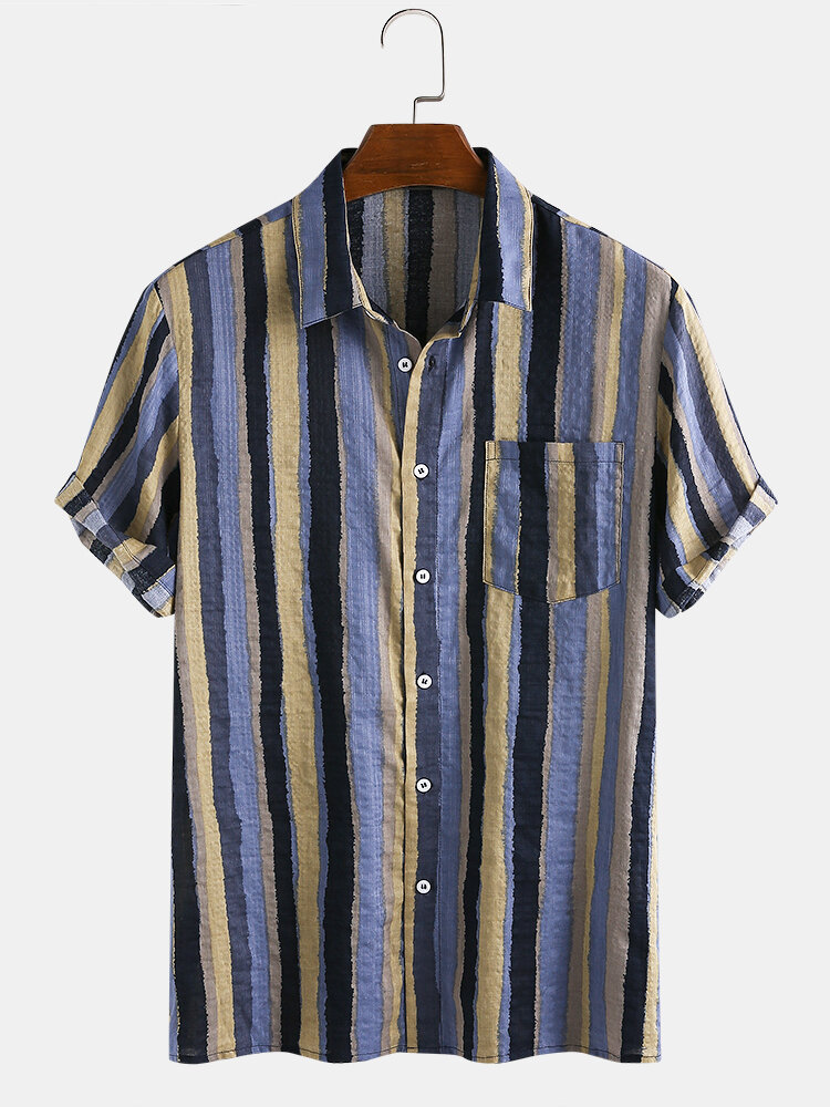 
	Mens Cotton Breathable Colorful Striped Short Sleeve Shirts