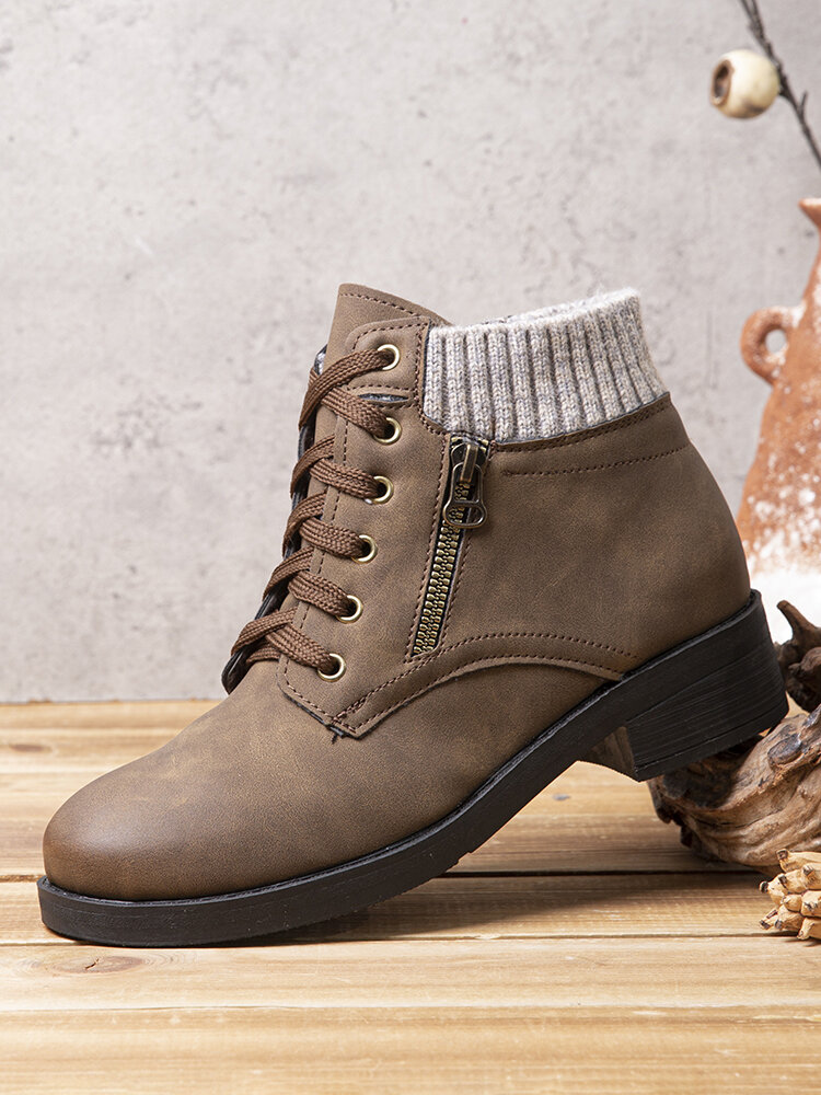 
	Large Size Women Stitching Knitted Fabric Round Toe Bilateral Zipper Warm Casual Short Boots