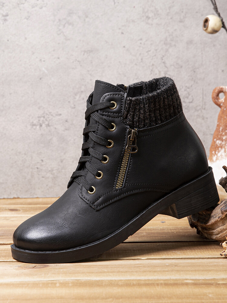 
	Large Size Women Stitching Knitted Fabric Round Toe Bilateral Zipper Warm Casual Short Boots