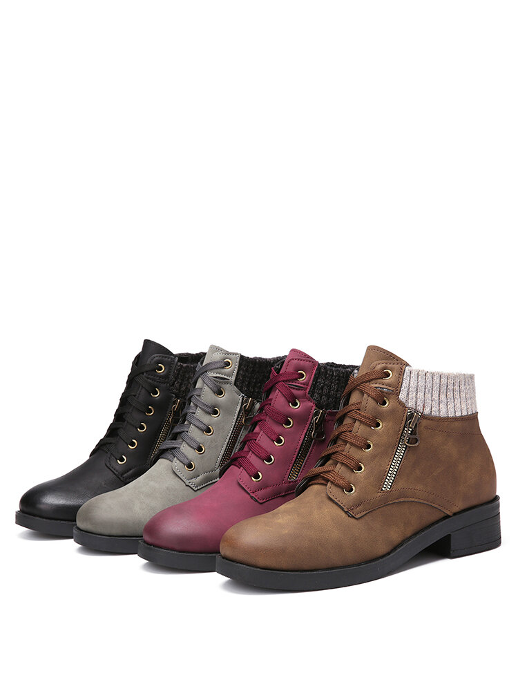 
	Large Size Women Stitching Knitted Fabric Round Toe Bilateral Zipper Warm Casual Short Boots