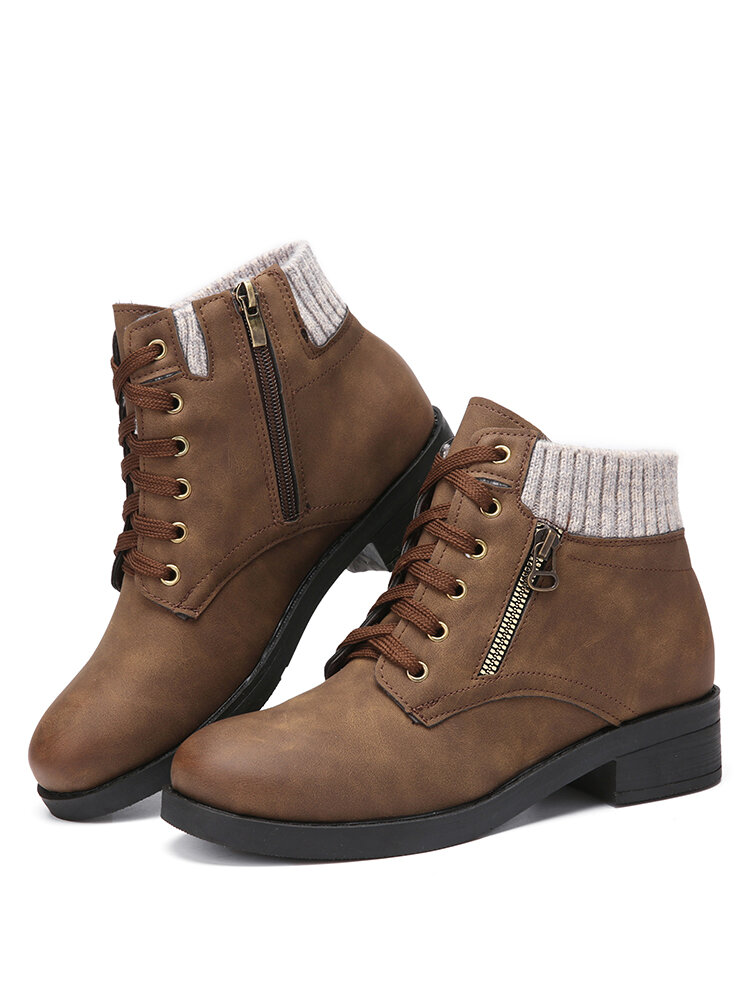 
	Large Size Women Stitching Knitted Fabric Round Toe Bilateral Zipper Warm Casual Short Boots