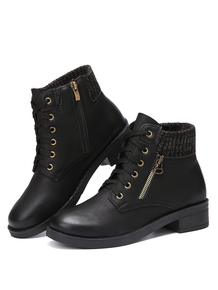 
	Large Size Women Stitching Knitted Fabric Round Toe Bilateral Zipper Warm Casual Short Boots
