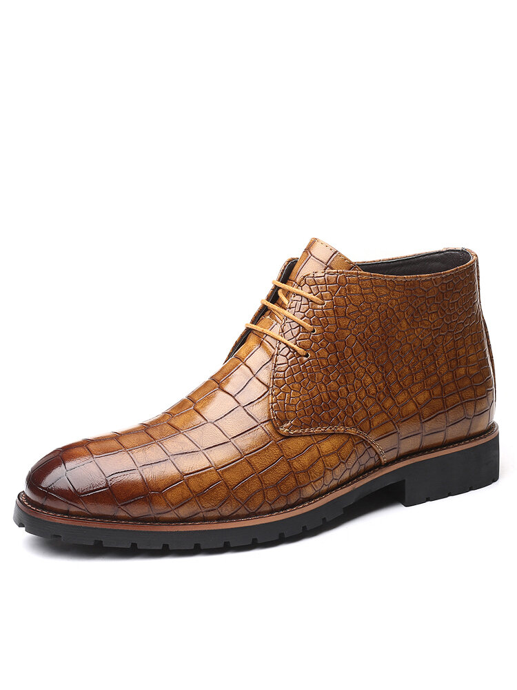 
	Men Vintage Crocodile Pattern Lace Up Casual Leather Ankle Boots