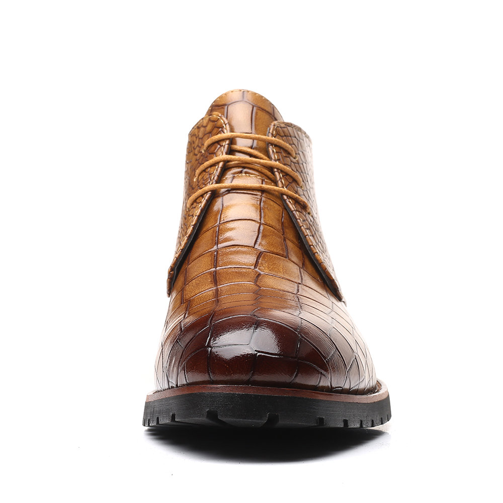 
	Men Vintage Crocodile Pattern Lace Up Casual Leather Ankle Boots