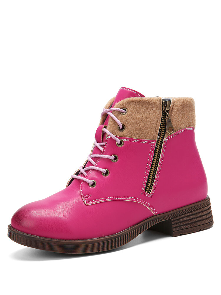 
	Women Retro Comfy Round Toe Stitching Side Zipper Casual Tooling Short Boots