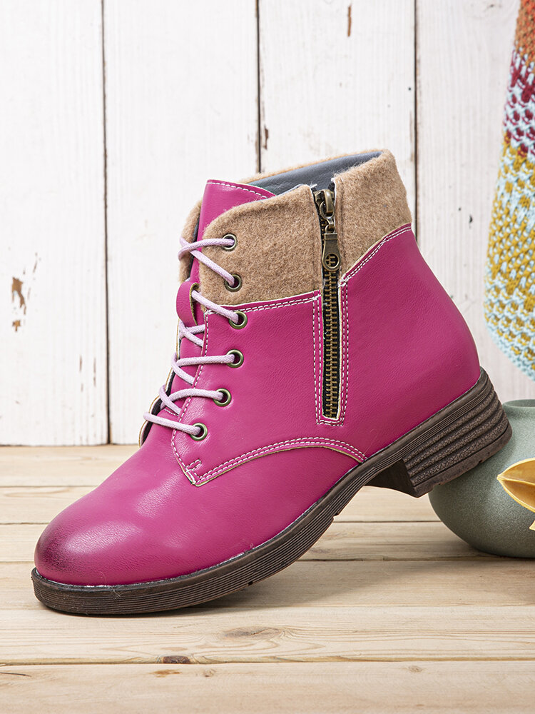 
	Women Retro Comfy Round Toe Stitching Side Zipper Casual Tooling Short Boots