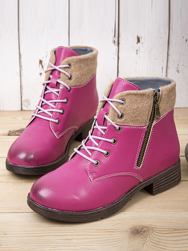 
	Women Retro Comfy Round Toe Stitching Side Zipper Casual Tooling Short Boots