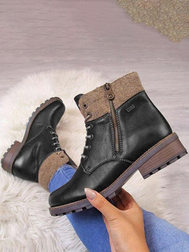 
	Women Retro Comfy Round Toe Stitching Side Zipper Casual Tooling Short Boots
