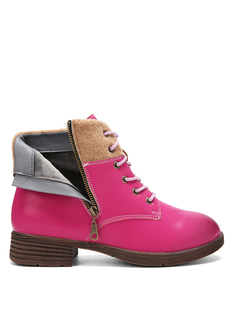 
	Women Retro Comfy Round Toe Stitching Side Zipper Casual Tooling Short Boots