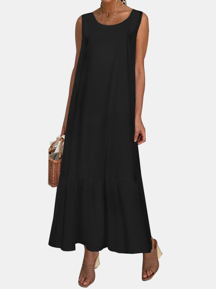 
	Casual Solid Color Ruffled Hem O-neck Pleated Long Maxi Tiered Dress