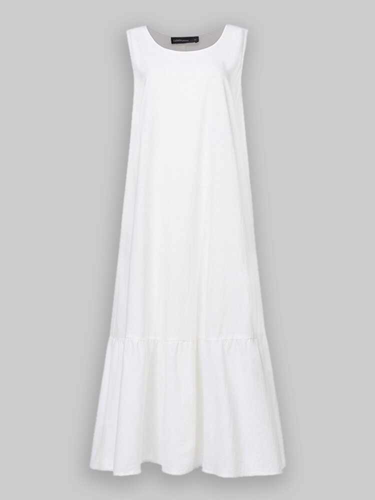 
	Casual Solid Color Ruffled Hem O-neck Pleated Long Maxi Tiered Dress