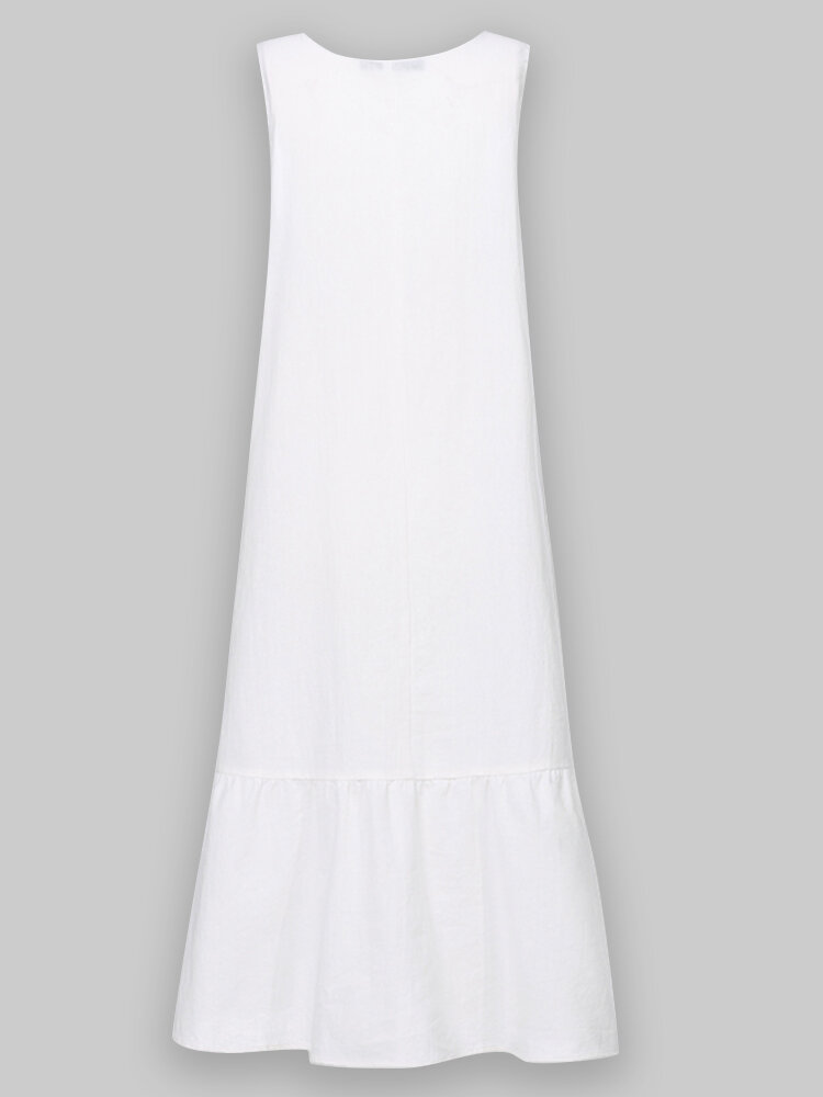 
	Casual Solid Color Ruffled Hem O-neck Pleated Long Maxi Tiered Dress