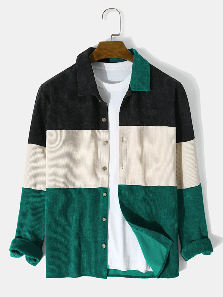 
	Mens Corduroy Color Block Panel Stitching Casual Long Sleeve Shirts
