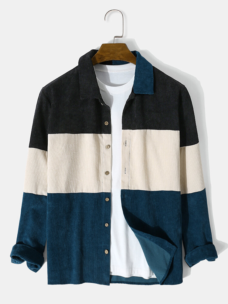 
	Mens Corduroy Color Block Panel Stitching Casual Long Sleeve Shirts