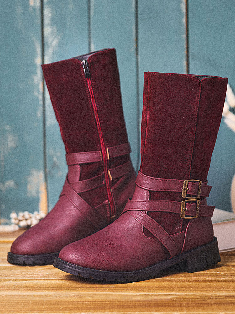 
	Large Size Women Buckle Design Side Zipper Casual Mid Calf Boots