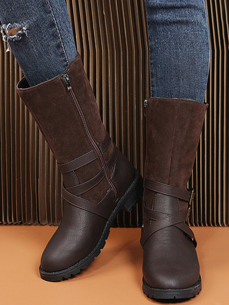 
	Large Size Women Buckle Design Side Zipper Casual Mid Calf Boots