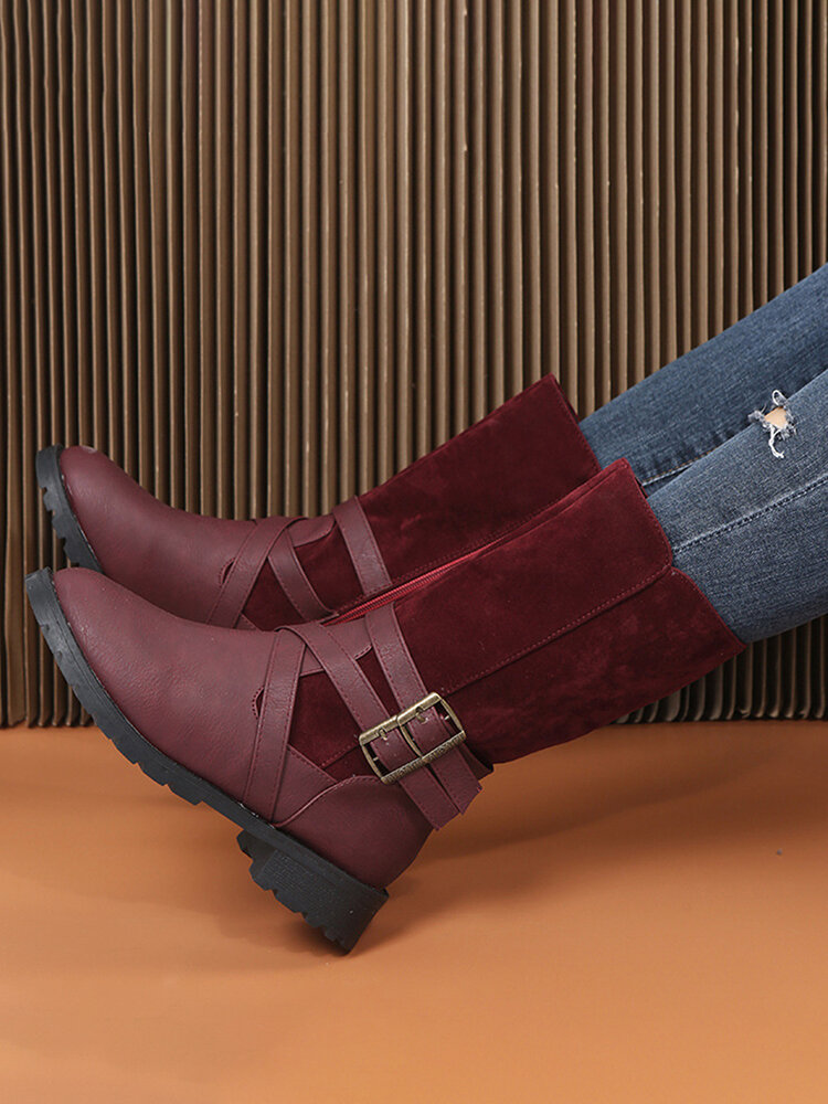 
	Large Size Women Buckle Design Side Zipper Casual Mid Calf Boots